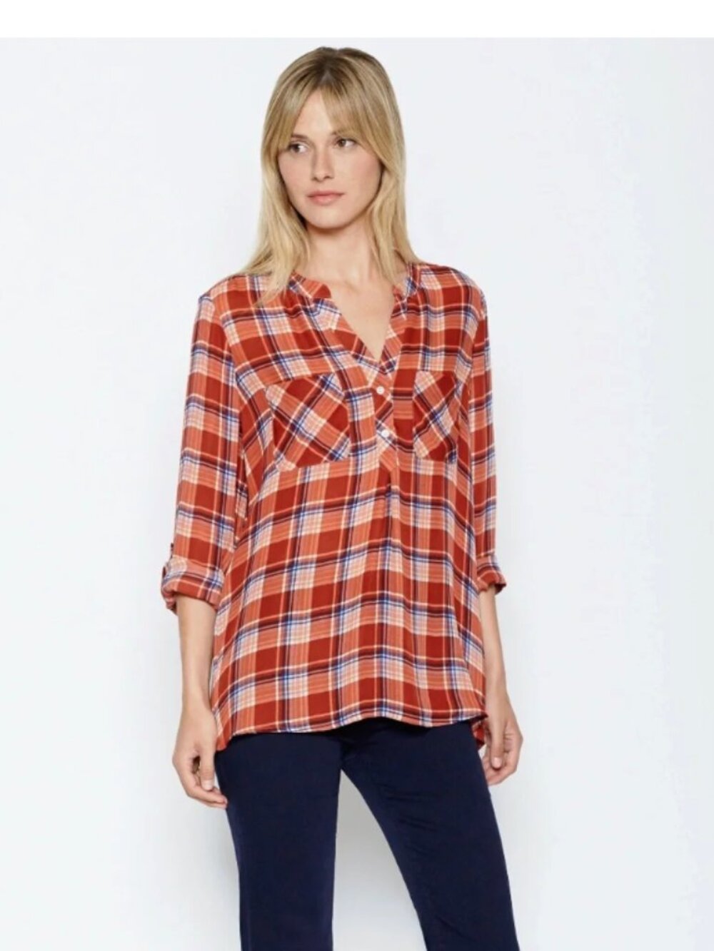Joie 'Nelia' 100% Silk Terracotta Plaid Roll-Tab Sleeve Blouse – XS